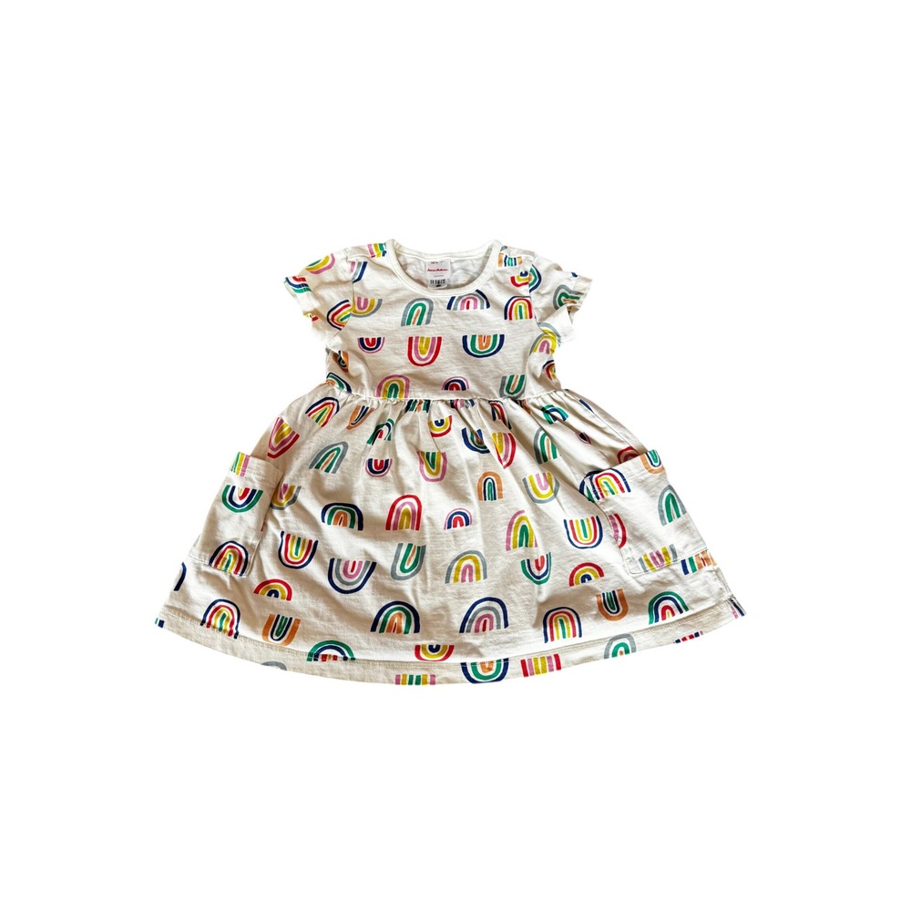 Hanna Andersson Girls Cream Multicolor Rainbow Pocket Jersey Knit Dress US 4